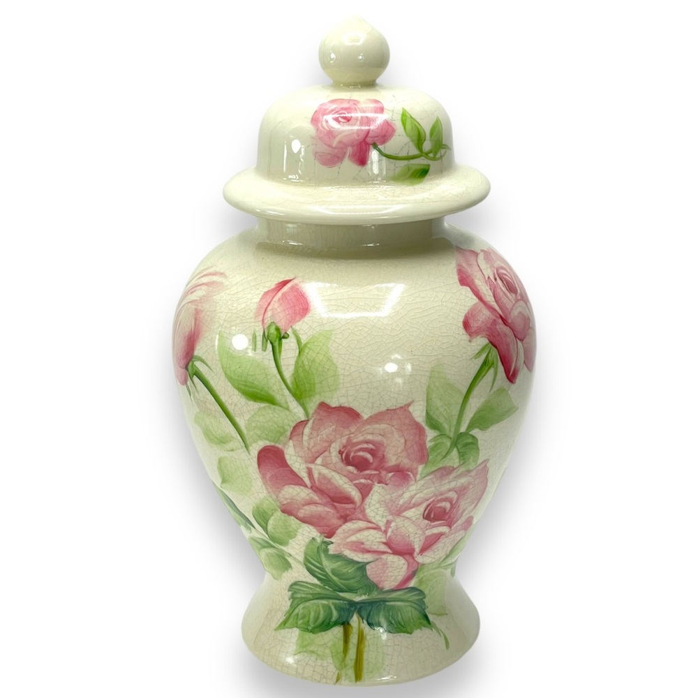 Seymour Mann Vintage Victorian Rose Ginger Jar w/ Heavy Faux Crazing 10.5" Tall